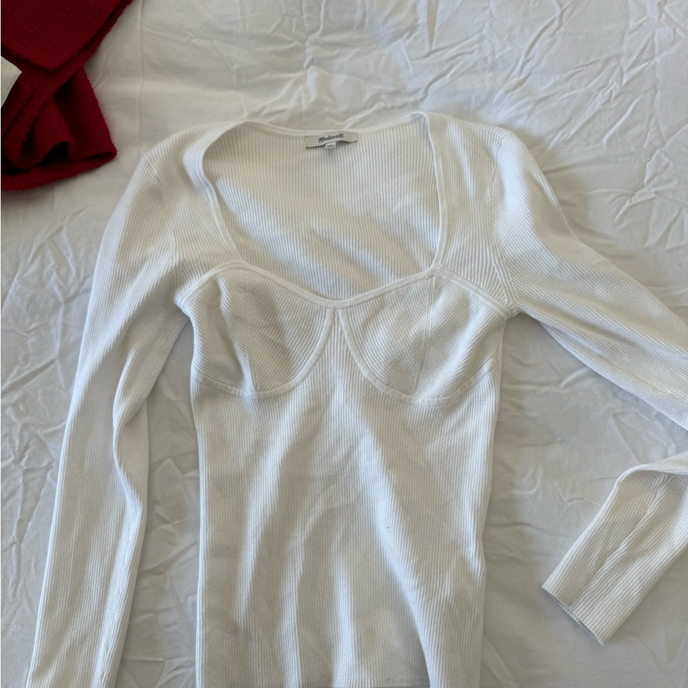 White Ribbed Long Sleeve Top